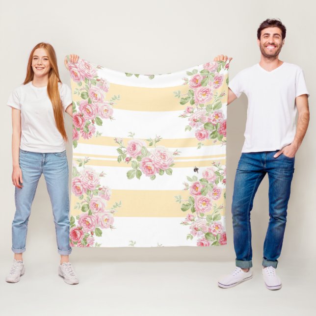 May Day Summer Roses buttercup stripe medium Fleece Blanket (In Situ)