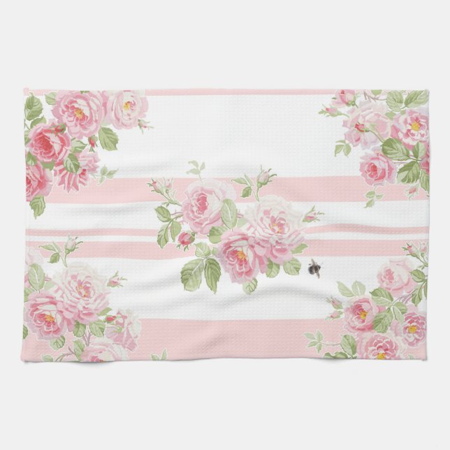 May Day Summer Roses peony stripe Tea Towel (Horizontal)