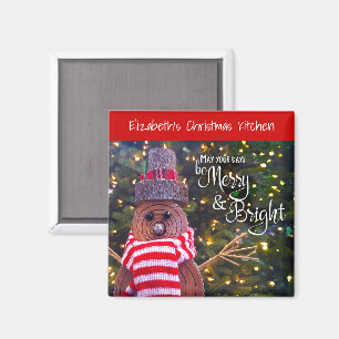 May Days Be Merry Bright Rustic Snowman Cute Name Magnet