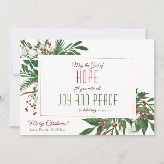 May God Fill you with Joy & Peace Cotton Greenery Holiday Card (Front)