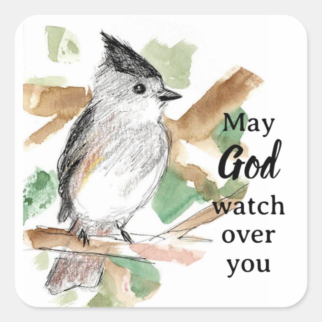 May God Watch Over You Titmouse Bird Square Sticker (Front)