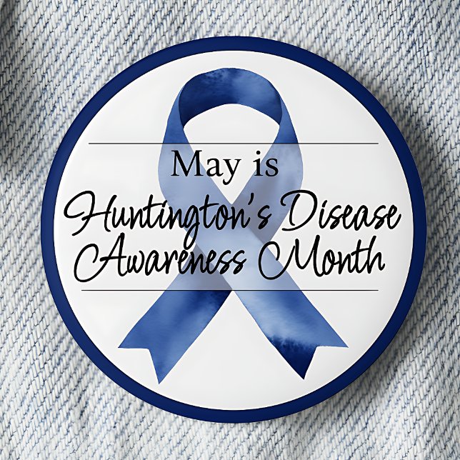 May Huntington's Disease Awareness Month 6 Cm Round Badge (May is Huntington's Disease Awareness Month Blue Awareness Ribbon pinback button.)