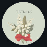 May Lily of the Valley Floral Bouquet Custom Name  Classic Round Sticker<br><div class="desc">Lily of the Valley - Graphic art with customisable name and background colours /</div>