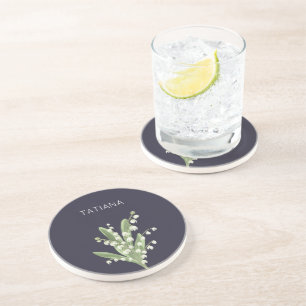 May Lily of the Valley Floral Bouquet Custom Name  Coaster