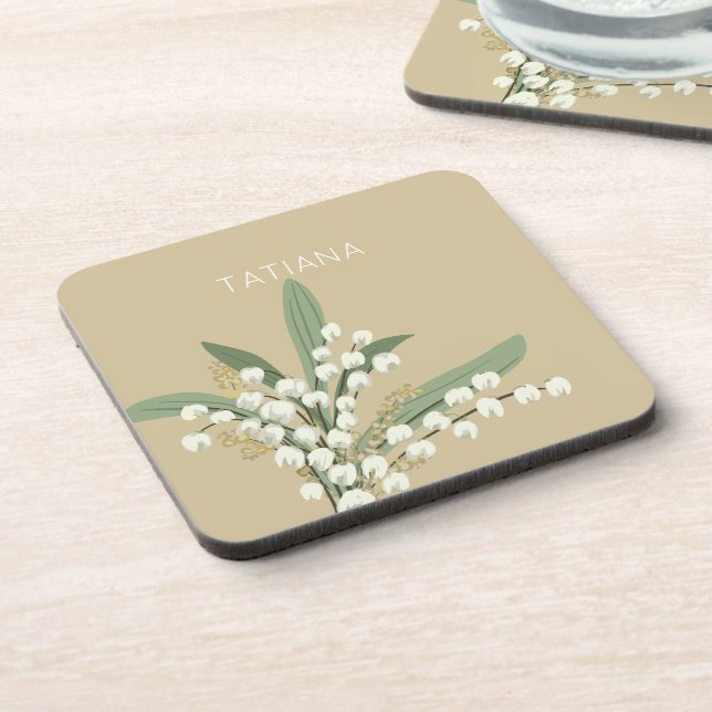 May Lily of the Valley Floral Bouquet Custom Name Coaster (Left Side)