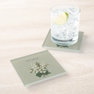 May Lily of the Valley Floral Bouquet Custom Name Glass Coaster
