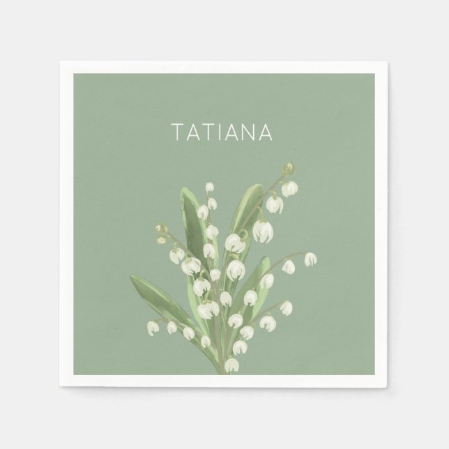May Lily of the Valley Floral Bouquet Custom Name Napkin (Front)