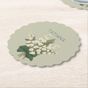 May Lily of the Valley Floral Bouquet Custom Name  Paper Coaster