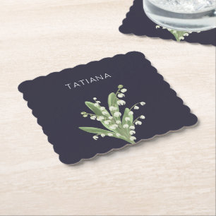 May Lily of the Valley Floral Bouquet Custom Name  Paper Coaster