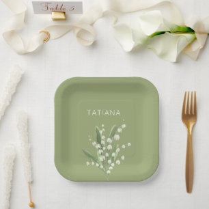 May Lily of the Valley Floral Bouquet Custom Name Paper Plate
