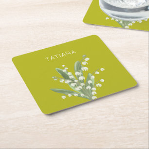 May Lily of the Valley Floral Bouquet Custom Name Square Paper Coaster