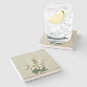 May Lily of the Valley Floral Bouquet Custom Name Stone Coaster