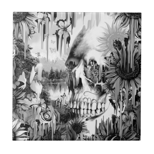 May showers melting floral skull in grey tile (Front)