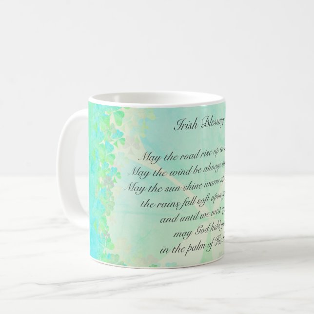 "May the road rise up..." Irish Blessing Shamrocks Coffee Mug (Front Left)