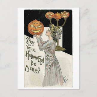 May Your Halloween Be Merry Woman and Pumpkin Postcard