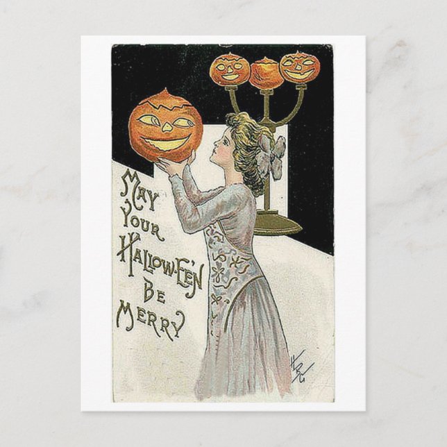 May Your Halloween Be Merry Woman and Pumpkin Postcard (Front)