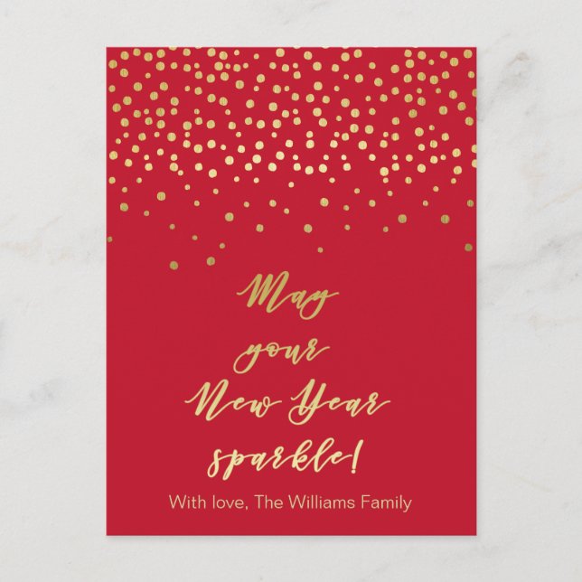 May your New Year Sparkle! Red and Gold Sparkles Postcard (Front)