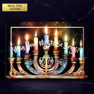 May Your Nights Be Bright Menorah Colourful Candle Foil Holiday Card