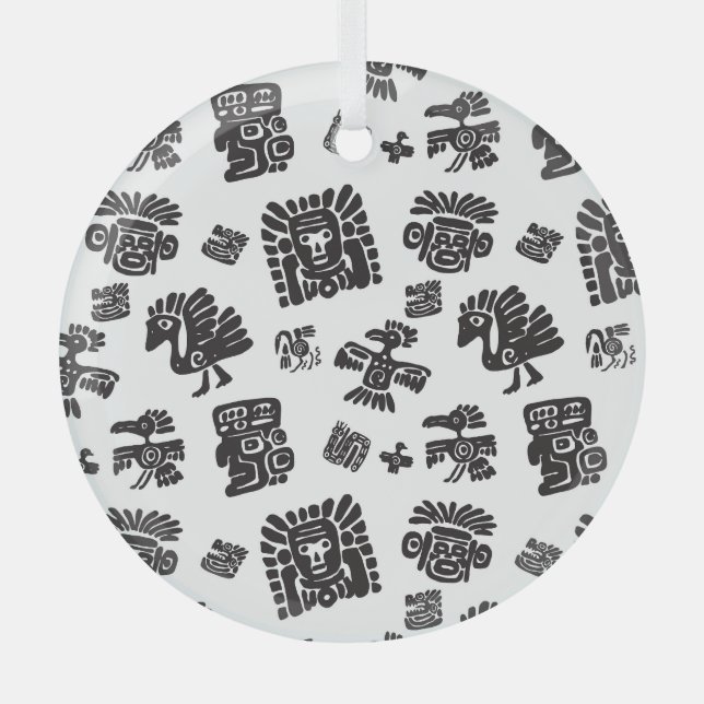 Maya Black White Ethnic Pattern Glass Tree Decoration (Front)