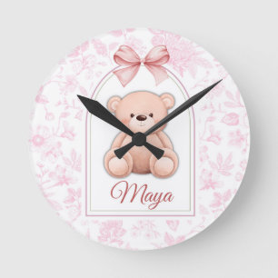 Maya   Custom Pink Teddy Bear Nursery Design  Round Clock
