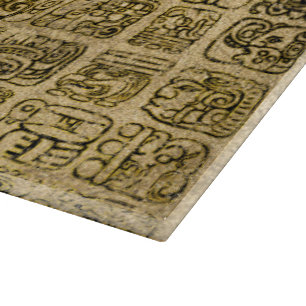 Mayan and aztec glyphs gold on vintage texture cutting board