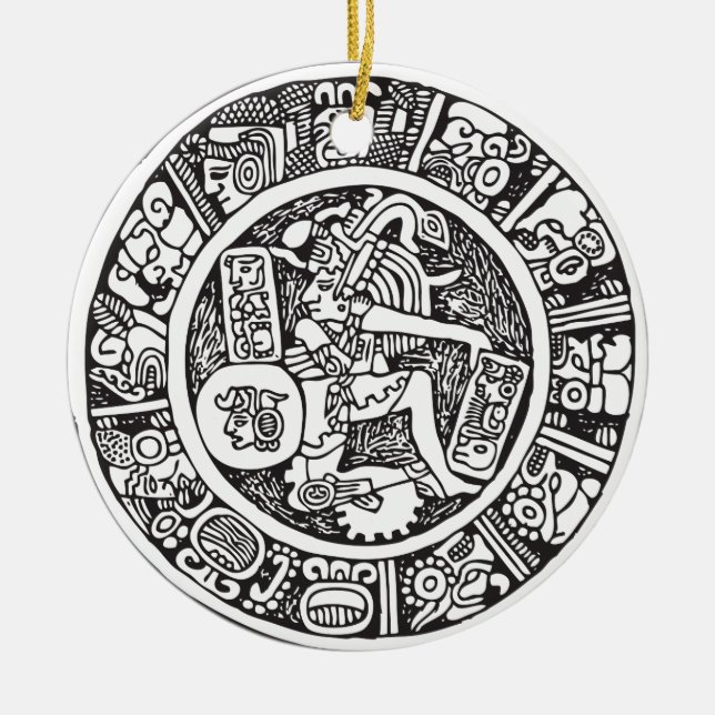 Mayan circle, Mexican hieroglyph(Maya) Ceramic Tree Decoration (Front)