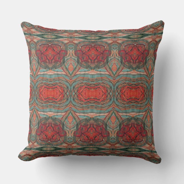 Mayan Damask Red Coral Teal Green Ornate Abstract Cushion (Front)