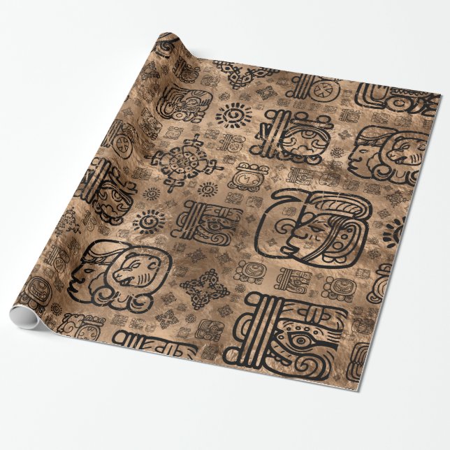 Mayan glyphs and ornaments pattern -black on gold wrapping paper (Unrolled)