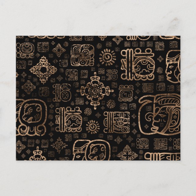 Mayan glyphs and ornaments pattern -gold on black postcard (Front)