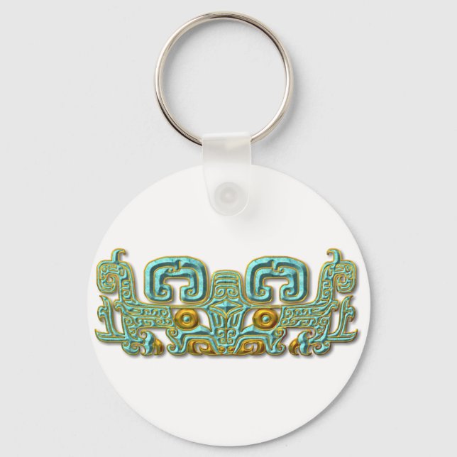 Mayan Jaguar-turquoise and gold Key Ring (Front)