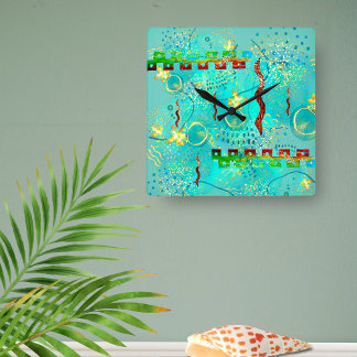 Mayan Turquoise & Golden Misty Sky Square Wall Clock