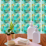 Mayan Turquoise & Golden Misty Sky Tile<br><div class="desc">This airy and luminous design celebrates the Yucatan Peninsula Mayan culture. It shows a Mayan warrior sculpture, looking at the horizon. Its exquisite turquoise and golden baseboard evokes the indigenous Mexican Caribbean. The entire design is covered by a sheer veil, with delicate golden and blue dots. Two pointed earthy leaves...</div>