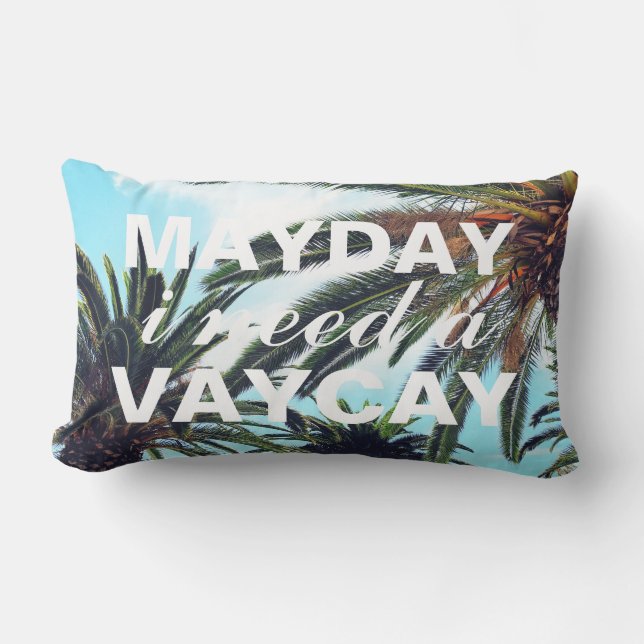 Mayday I Need A Vacay Tropical Palm Trees Lumbar Cushion (Front)