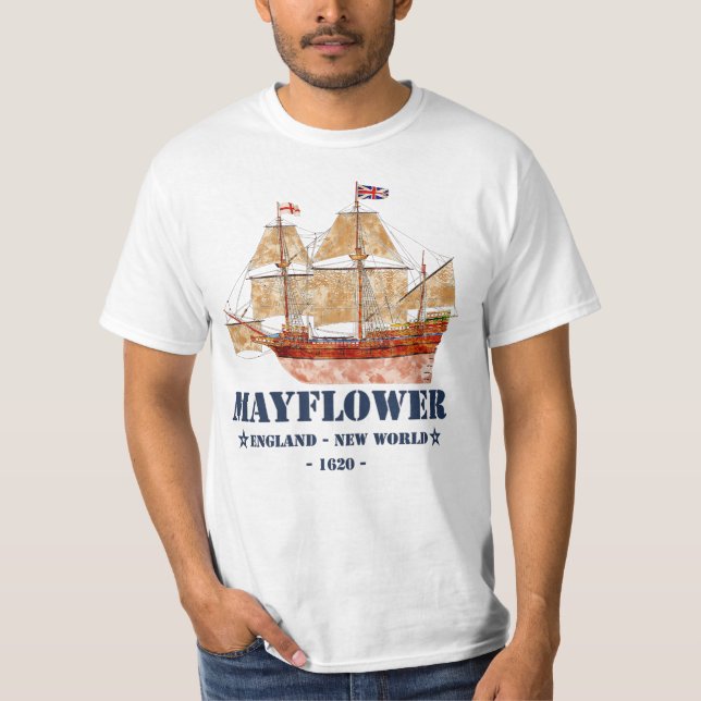 Mayflower Tall Ship - England to New World in 1620 T-Shirt (Front)