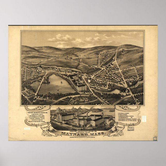 Maynard Massachusetts 1879 Antique Panoramic Map Poster (Front)