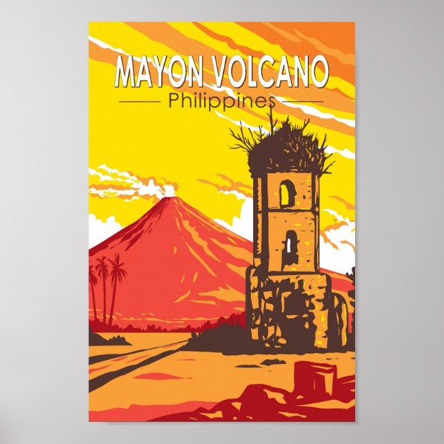 Mayon Volcano Cagsawa Ruins Philippines Travel Art Poster (Front)