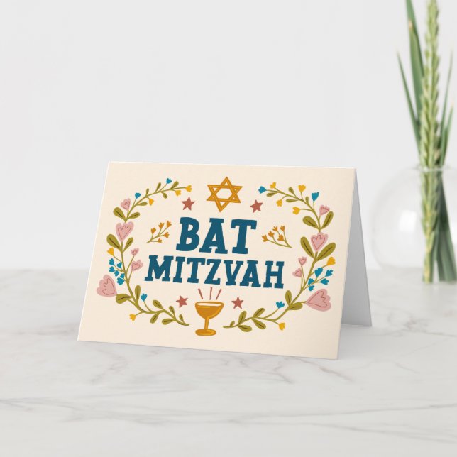 MAZEL TOV BAT MITZVAH Jewish Floral Customisable  Card (Front)