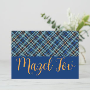 Mazel Tov Card Elegant Modern, Blue Gold Plaid 