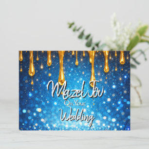 Mazel Tov Card for Wedding, Blue Dripping Gold,