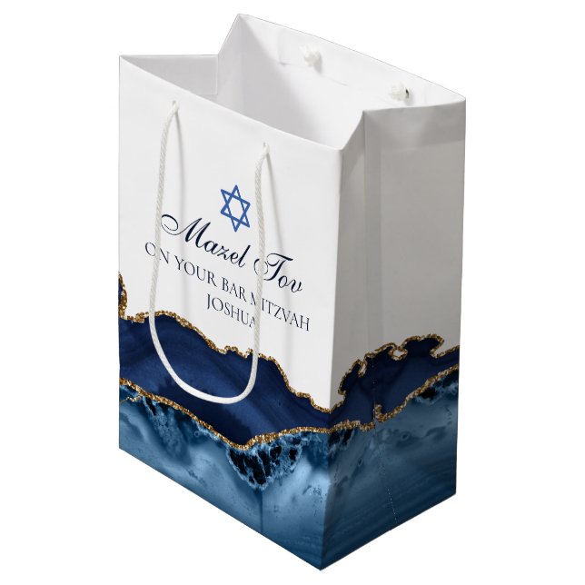Mazel Tov Chic Blue Gold Personalised Bat Mitzvah Medium Gift Bag (Front Angled)