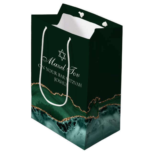 Mazel Tov Green Gold Personalised Bar Mitzvah Medium Gift Bag (Front Angled)