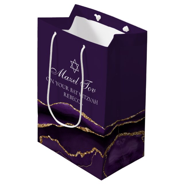 Mazel Tov Purple Gold Personalised Bat Mitzvah Medium Gift Bag (Front Angled)
