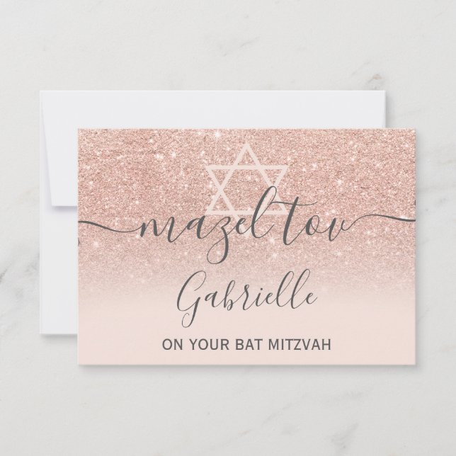 Mazel Tov rose gold glitter pink Bat Mitzvah Thank You Card (Front)