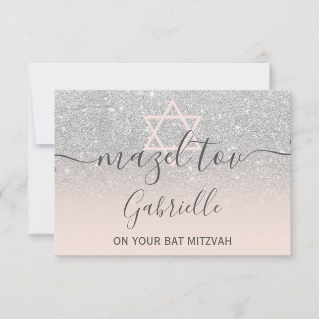 Mazel Tov silver glitter pink Bat Mitzvah Thank You Card (Front)