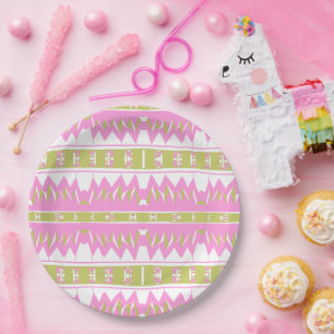 Mazipoodles Afrofuturist Pattern Pink White Green Paper Plate