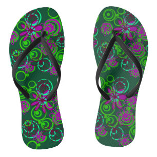 Mazipoodles Floral Bubbles Green Purple Plum       Flip Flops