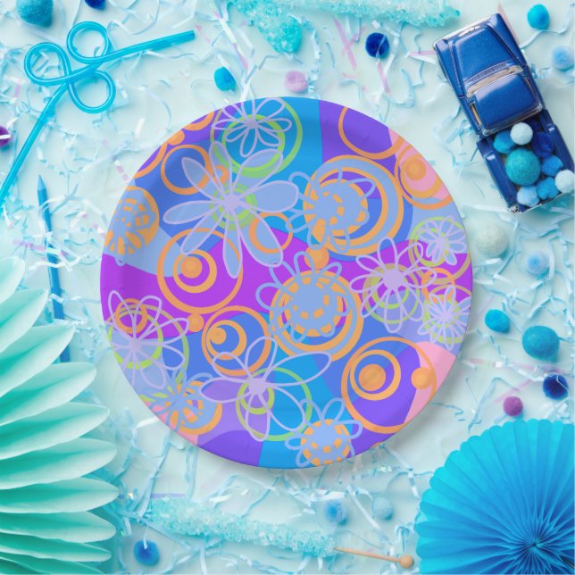 Mazipoodles Floral Bubbles Multi Blue Orange Blue Paper Plate (Party)