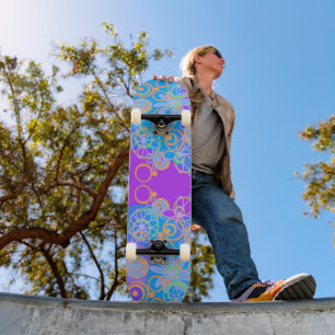 Mazipoodles Floral Bubbles Multi Blue Orange Blue Skateboard
