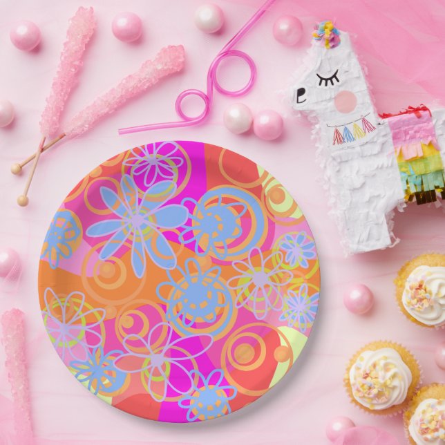 Mazipoodles Floral Bubbles Multi Pink Orange Blue Paper Plate (Party)