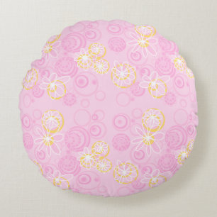 Mazipoodles Floral Bubbles - Pink Yellow White Round Cushion